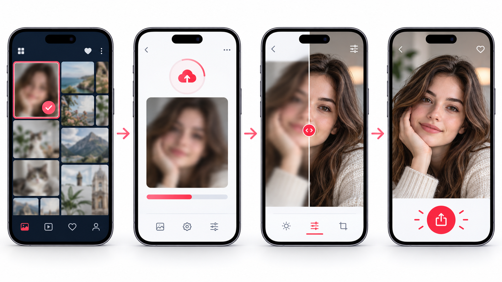 How to use Remini Mod Apk in 4 steps: select a photo, upload it, fine-tune the AI result with the slider, then save and share