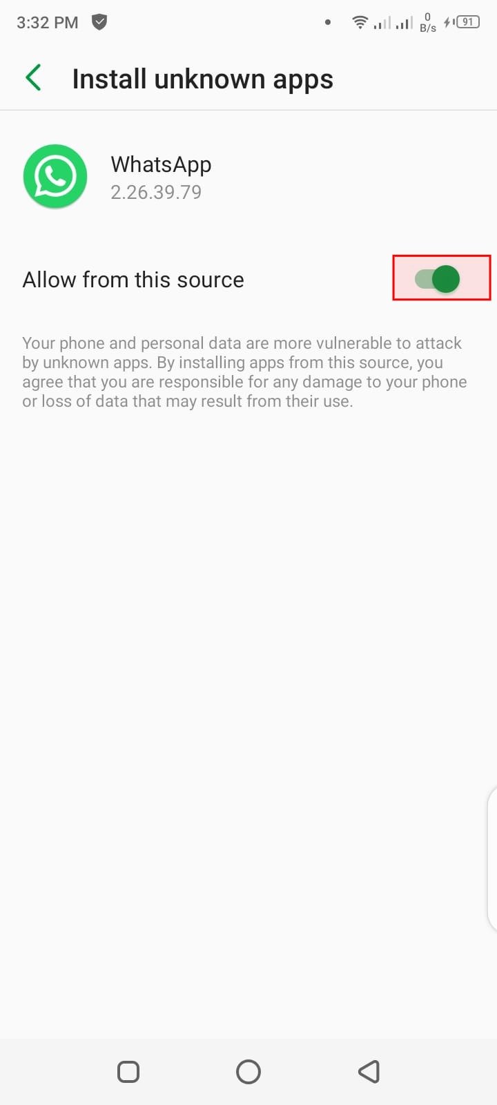 Android Install unknown apps settings screen with the Allow from this source toggle turned on, highlighted in red