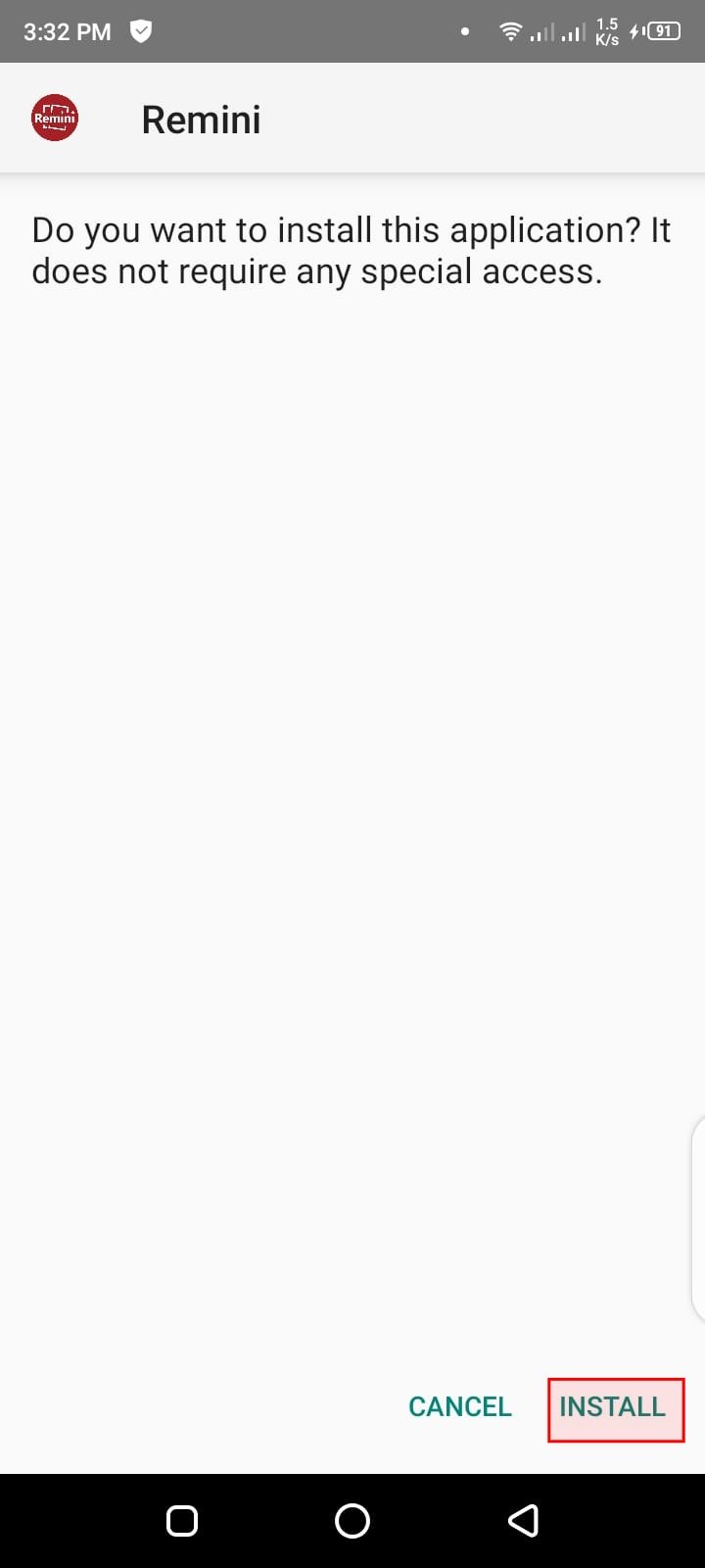 Android install prompt for the Remini APK with the Install button highlighted in red