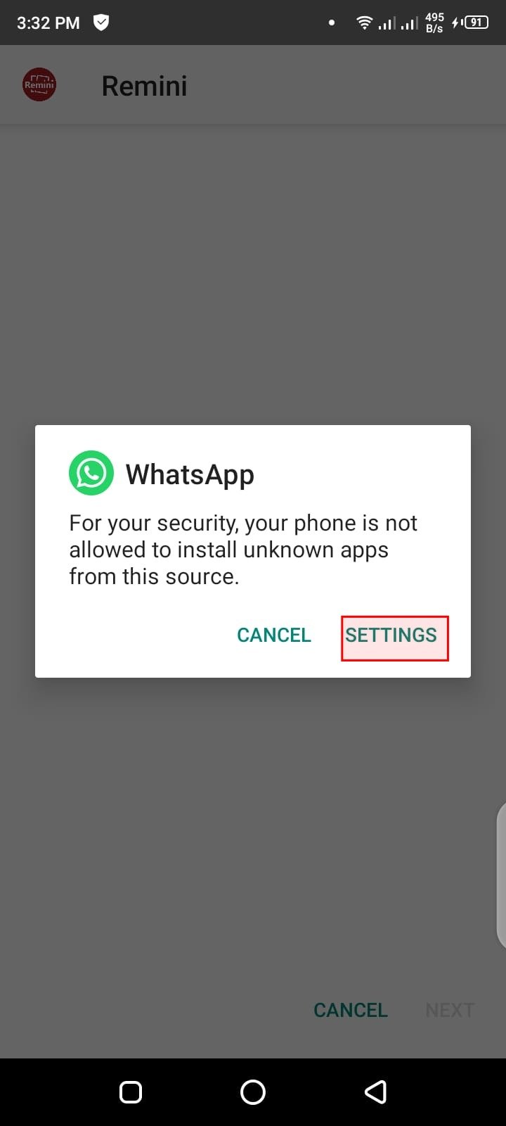 Android security warning saying the phone is not allowed to install unknown apps from this source, with the Settings button highlighted in red